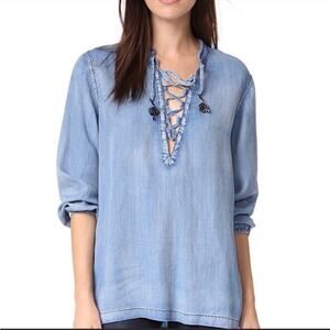 Scotch & Soda Lyocell Chambray Tassel Blouse Top Shirt Blue XS